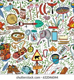 Seamless Pattern with Different Camping Objects.Travel and Recreation Time Concept. Hand Drawn illustration.
