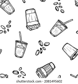 Seamless pattern of different caps of coffee. Vector graphic illustration in cartoon style on white background.