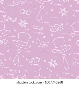 Seamless pattern of different carnival decorations: masks, hats, mustache  and other. Carnival festive concept. Costume for a party.