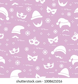 Seamless pattern of different carnival decorations: masks, christmas hats, mustache, beard. Carnival festive concept. Costume for a party.