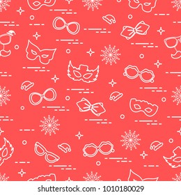 Seamless pattern of different carnival decorations: masks, christmas hats, glasses, bow tie. Carnival festive concept. Costume for a party.