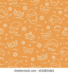 Seamless pattern of different carnival decorations: masks, christmas hats, mustache, beard. Carnival festive concept. Costume for a party.