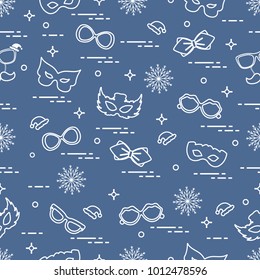 Seamless pattern of different carnival decorations: masks, christmas hats, glasses, bow tie. Carnival festive concept. Costume for a party.