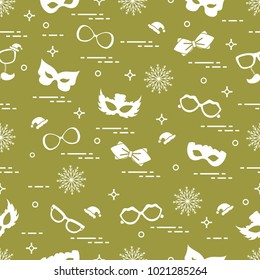 Seamless pattern of different carnival decorations: masks, christmas hats, glasses, bow tie. Carnival festive concept. Costume for a party.