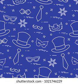 Seamless pattern of different carnival decorations: masks, hats, mustache  and other. Carnival festive concept. Costume for a party.