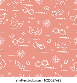 Seamless pattern of different carnival decorations: masks, christmas hats, glasses, bow tie. Carnival festive concept. Costume for a party.