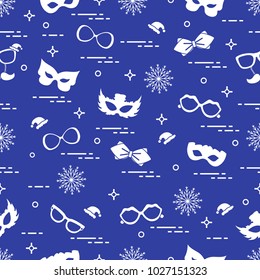Seamless pattern of different carnival decorations: masks, christmas hats, glasses, bow tie. Carnival festive concept. Costume for a party.