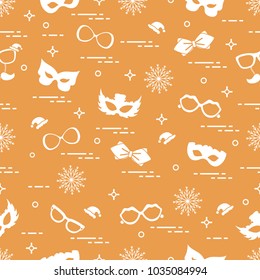 Seamless pattern of different carnival decorations: masks, christmas hats, glasses, bow tie. Carnival festive concept. Costume for a party.