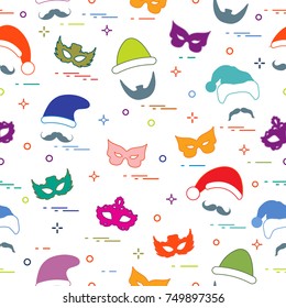Seamless pattern of different carnival decorations: masks, christmas hats, mustache, beard. Carnival festive concept. Costume for a party.