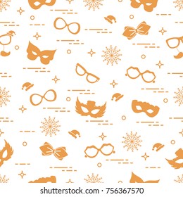 Seamless pattern of different carnival decorations: masks, christmas hats, glasses, bow tie. Carnival festive concept. Costume for a party.