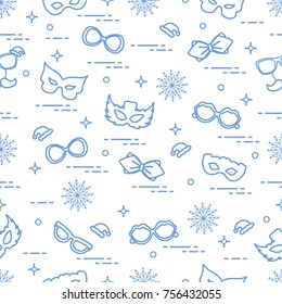 Seamless pattern of different carnival decorations: masks, christmas hats, glasses, bow tie. Carnival festive concept. Costume for a party.