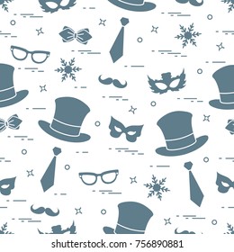 Seamless pattern of different carnival decorations: masks, hats, mustache  and other. Carnival festive concept. Costume for a party.