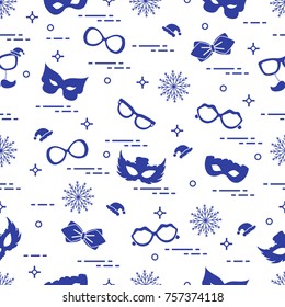 Seamless pattern of different carnival decorations: masks, christmas hats, glasses, bow tie. Carnival festive concept. Costume for a party.
