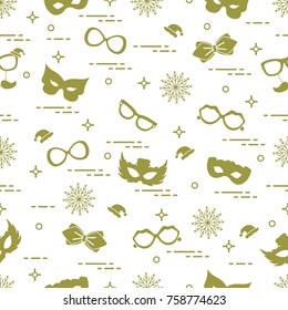 Seamless pattern of different carnival decorations: masks, christmas hats, glasses, bow tie. Carnival festive concept. Costume for a party.
