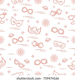 Seamless pattern of different carnival decorations: masks, christmas hats, glasses, bow tie. Carnival festive concept. Costume for a party.