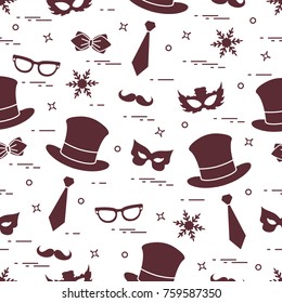Seamless pattern of different carnival decorations: masks, hats, mustache  and other. Carnival festive concept. Costume for a party.