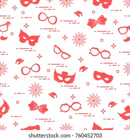 Seamless pattern of different carnival decorations: masks, christmas hats, glasses, bow tie. Carnival festive concept. Costume for a party.