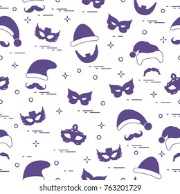 Seamless pattern of different carnival decorations: masks, christmas hats, mustache, beard. Carnival festive concept. Costume for a party.