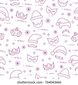 Seamless pattern of different carnival decorations: masks, christmas hats, mustache, beard. Carnival festive concept. Costume for a party.