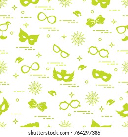 Seamless pattern of different carnival decorations: masks, christmas hats, glasses, bow tie. Carnival festive concept. Costume for a party.