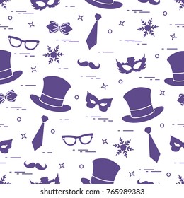 Seamless pattern of different carnival decorations: masks, hats, mustache  and other. Carnival festive concept. Costume for a party.