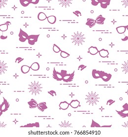 Seamless pattern of different carnival decorations: masks, christmas hats, glasses, bow tie. Carnival festive concept. Costume for a party.
