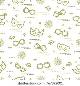 Seamless pattern of different carnival decorations: masks, christmas hats, glasses, bow tie. Carnival festive concept. Costume for a party.