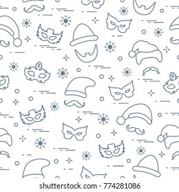 Seamless pattern of different carnival decorations: masks, christmas hats, mustache, beard. Carnival festive concept. Costume for a party.