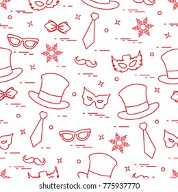 Seamless pattern of different carnival decorations: masks, hats, mustache  and other. Carnival festive concept. Costume for a party.
