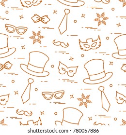 Seamless pattern of different carnival decorations: masks, hats, mustache  and other. Carnival festive concept. Costume for a party.