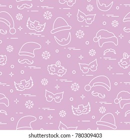 Seamless pattern of different carnival decorations: masks, christmas hats, mustache, beard. Carnival festive concept. Costume for a party.