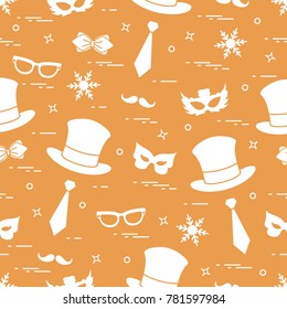 Seamless pattern of different carnival decorations: masks, hats, mustache  and other. Carnival festive concept. Costume for a party.