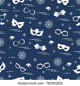 Seamless pattern of different carnival decorations: masks, christmas hats, glasses, bow tie. Carnival festive concept. Costume for a party.