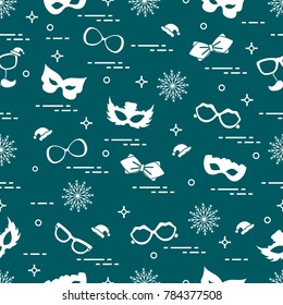 Seamless pattern of different carnival decorations: masks, christmas hats, glasses, bow tie. Carnival festive concept. Costume for a party.
