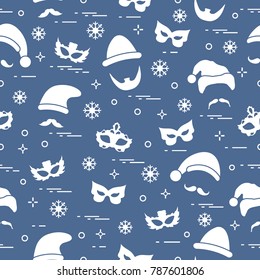 Seamless pattern of different carnival decorations: masks, christmas hats, mustache, beard. Carnival festive concept. Costume for a party.