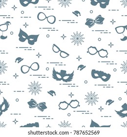 Seamless pattern of different carnival decorations: masks, christmas hats, glasses, bow tie. Carnival festive concept. Costume for a party.