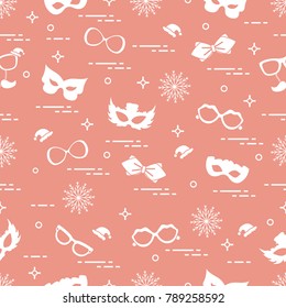 Seamless pattern of different carnival decorations: masks, christmas hats, glasses, bow tie. Carnival festive concept. Costume for a party.