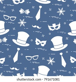 Seamless pattern of different carnival decorations: masks, hats, mustache  and other. Carnival festive concept. Costume for a party.
