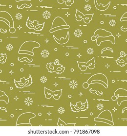 Seamless pattern of different carnival decorations: masks, christmas hats, mustache, beard. Carnival festive concept. Costume for a party.