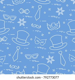 Seamless pattern of different carnival decorations: masks, hats, mustache  and other. Carnival festive concept. Costume for a party.