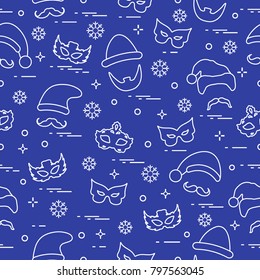 Seamless pattern of different carnival decorations: masks, christmas hats, mustache, beard. Carnival festive concept. Costume for a party.