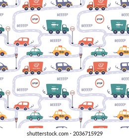 Seamless pattern with different cars in cartoon style. Taxi, police, truck and road signs on the road. Print for textiles or for the design of a children's room.