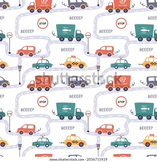 Seamless pattern with different cars\
in cartoon style. Taxi, police, truck and road signs on the road.\
Print for textiles or for the design of a children\'s\
room.
