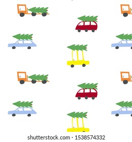Seamless pattern with different cars and christmas tree. Print or Poster Design for Kids, Card, Baby dishes, clothes, web sites, printed materials, textile, wrapping paper