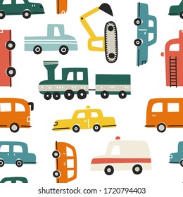 Seamless pattern with different cars. Hand drawn vector illustration for kids textile or nursery wallpaper design.