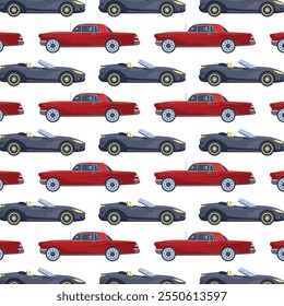Nahtloses Muster mit verschiedenen Autos auf weißem Hintergrund. Vektorgrafik im Cartoonstil.