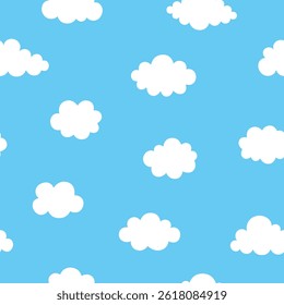 Padrão contínuo com diferentes nuvens de desenho animado no fundo do céu azul. Papel de parede bonito e simples com nuvem inchada branca. Ilustração vetorial em estilo plano.