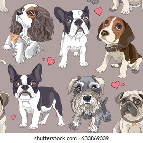 Seamless pattern with a different Cartoon puppies. Vector illustration.