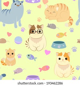 Seamless pattern with different cat accessories and cute cartoon cats - toys, bowls and love for children's textiles or Wallpaper