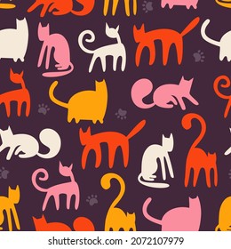 Seamless pattern with different cat shadows. Simple vector flat childish illustration with cute kitties